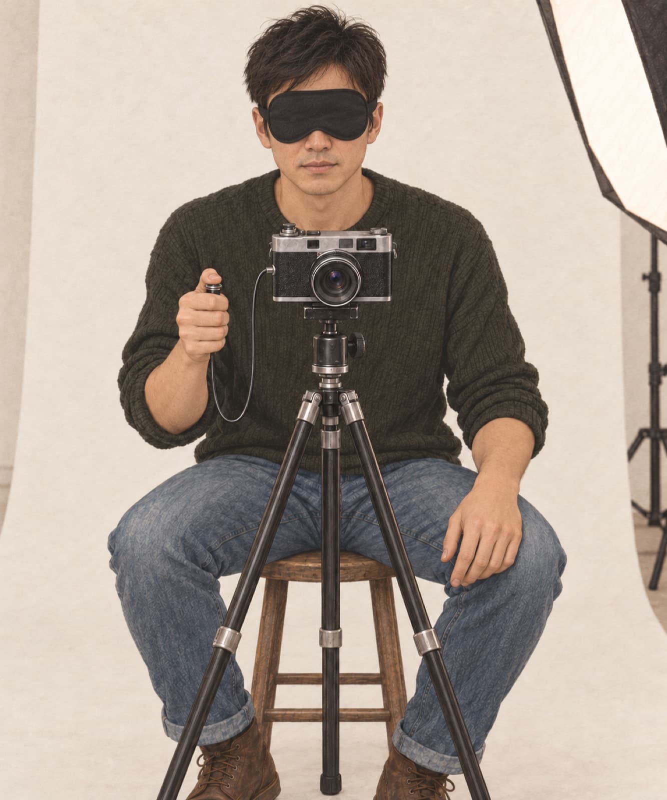 アイマスクをつけた男性が、三脚に載せたフィルムカメラを構えてスツールに座っている。